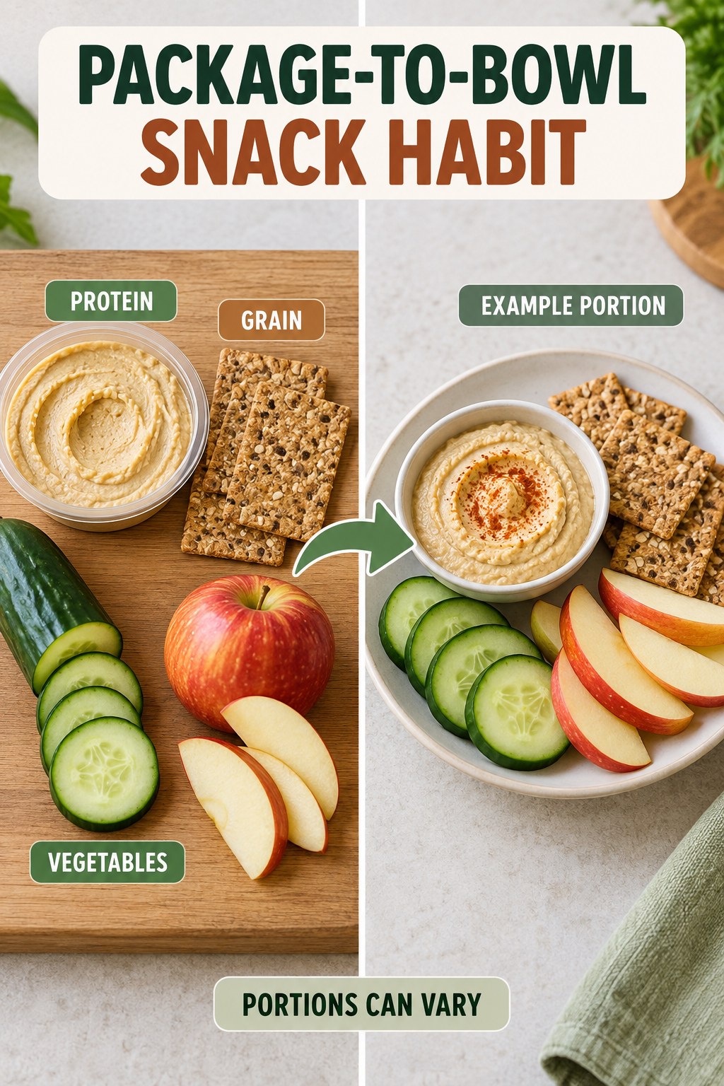 Package-to-Bowl Snack Habit visual using hummus, whole-grain crackers, cucumber, and apple as flexible example portions for Healthy Snacks.