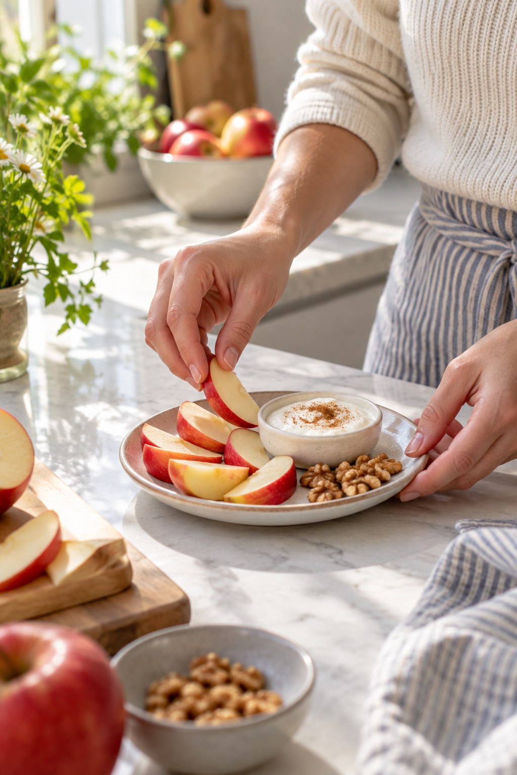 Adult arranging apple slices, cinnamon yogurt dip, and a few walnuts on a small plate at a sunny counter.