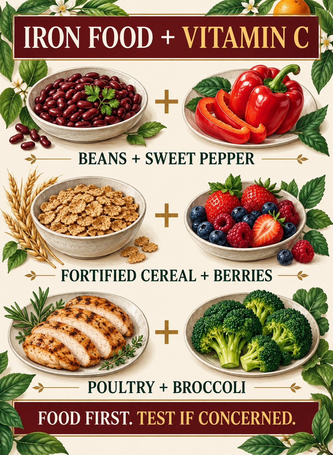 Ruby, green, orange, cream, and gold infographic showing three iron-food and vitamin C pairings.