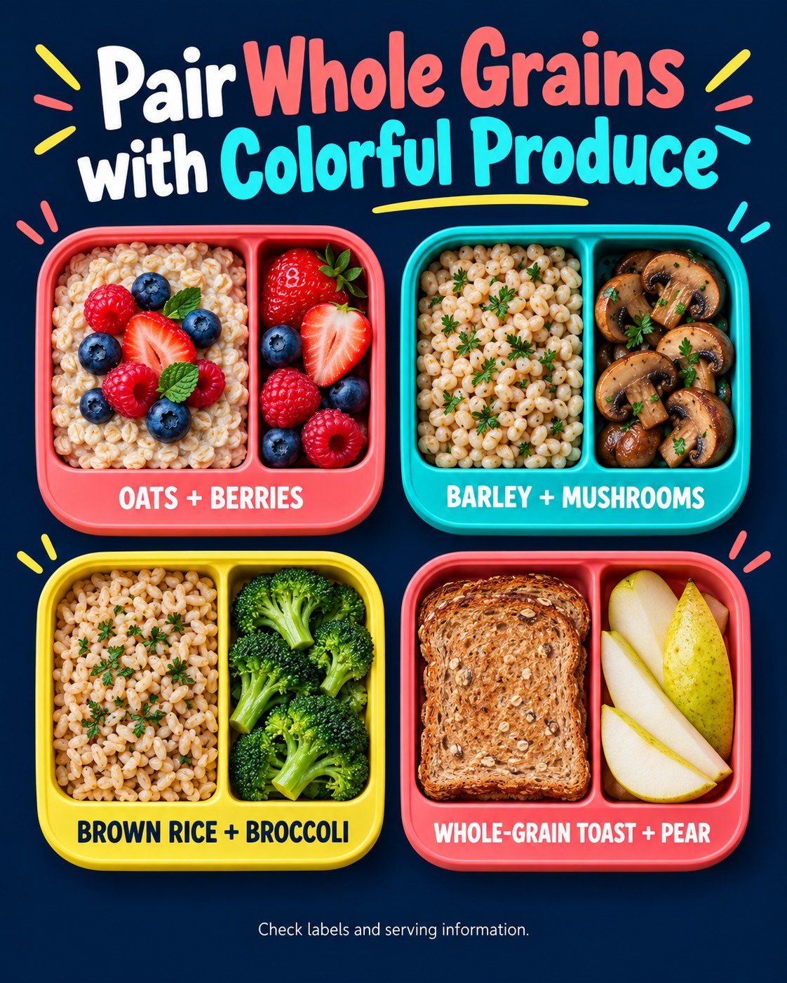 Navy, coral, turquoise, and yellow infographic showing four whole-grain and produce pairings.