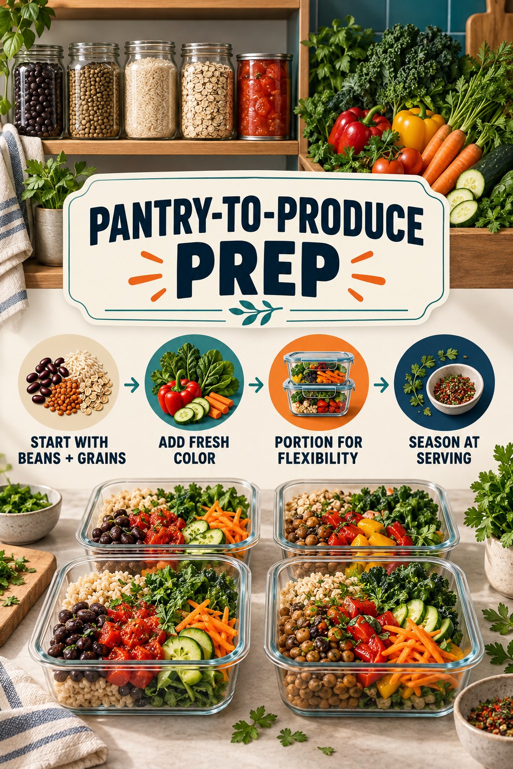 Pantry-to-produce meal prep infographic with beans, grains, colorful vegetables, herbs, and four flexible meal containers.