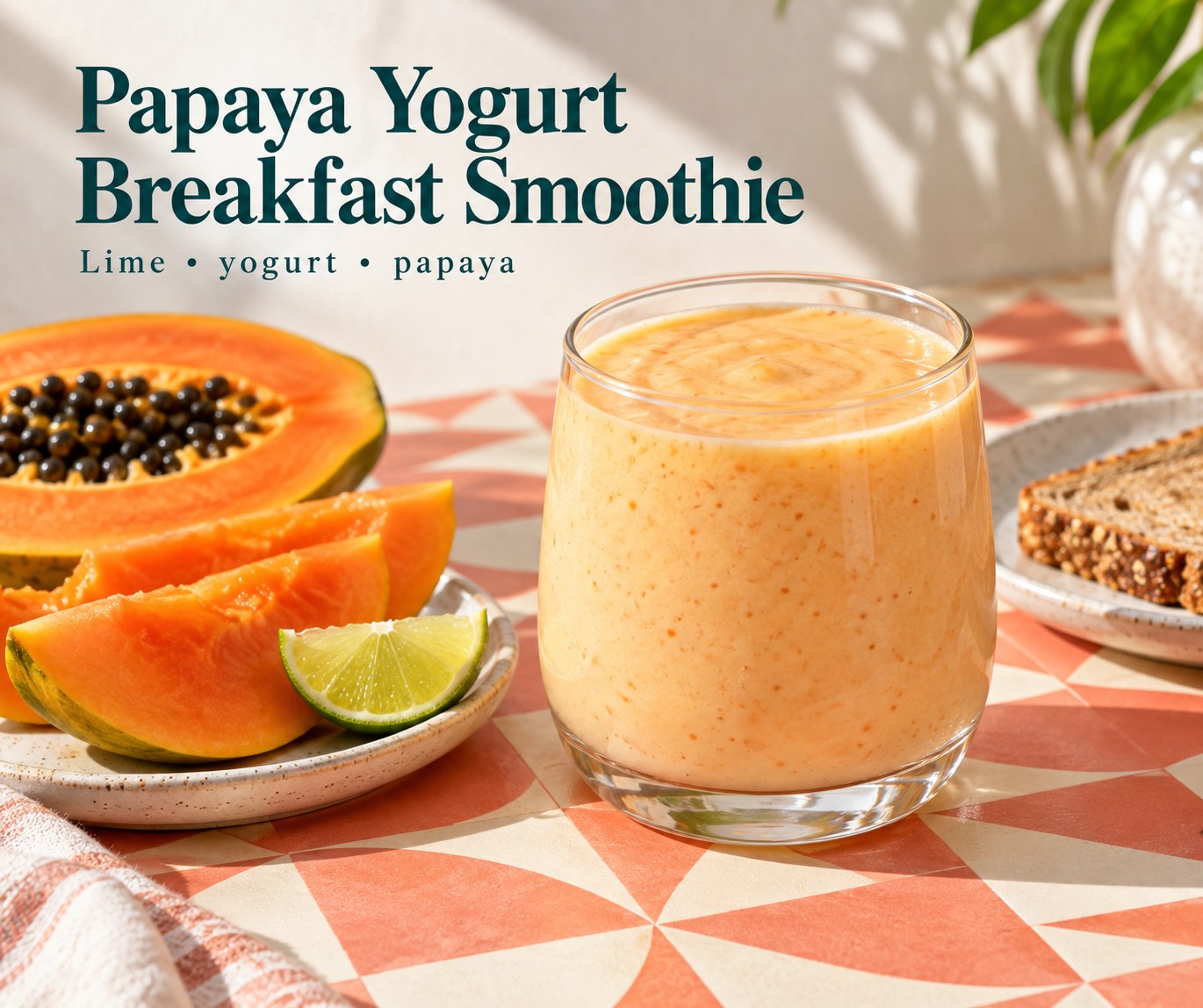 Pale orange papaya yogurt smoothie in a glass with papaya, lime, and wholegrain toast.
