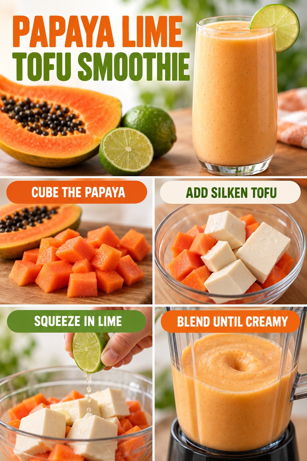 Papaya lime tofu smoothie infographic showing cubed papaya, silken tofu, fresh lime, blending, and the finished orange drink.