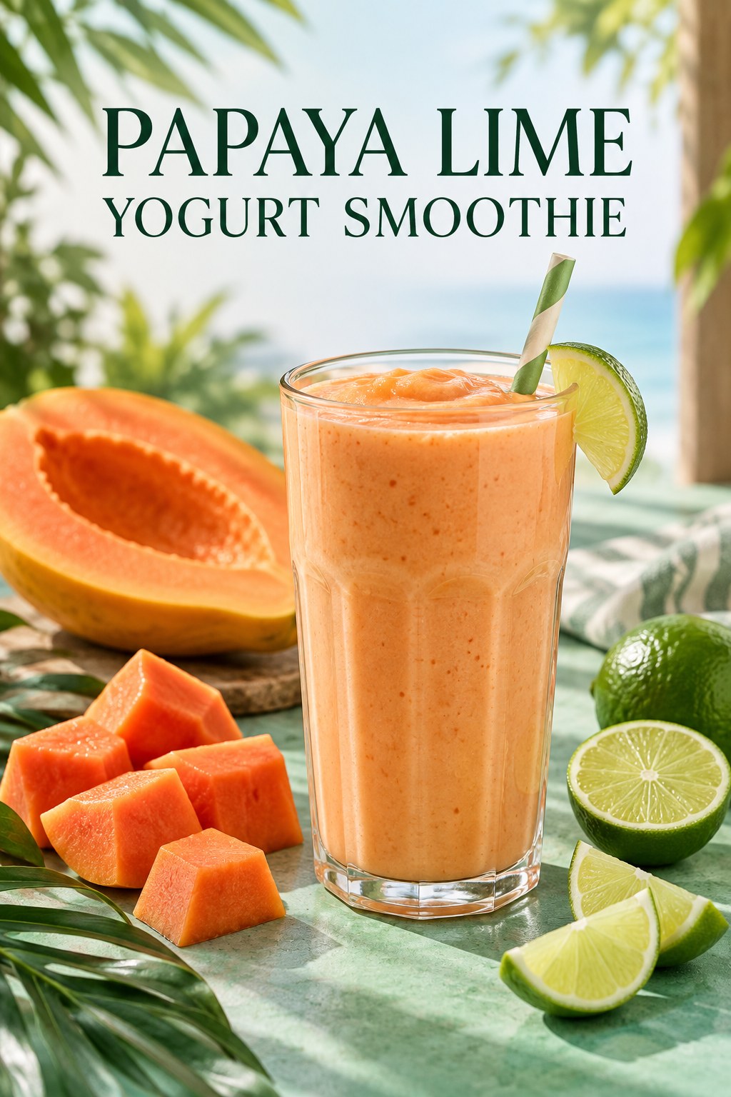 Peach-orange papaya lime smoothie in a glass beside peeled papaya pieces and lime wedges on a mint-colored table.
