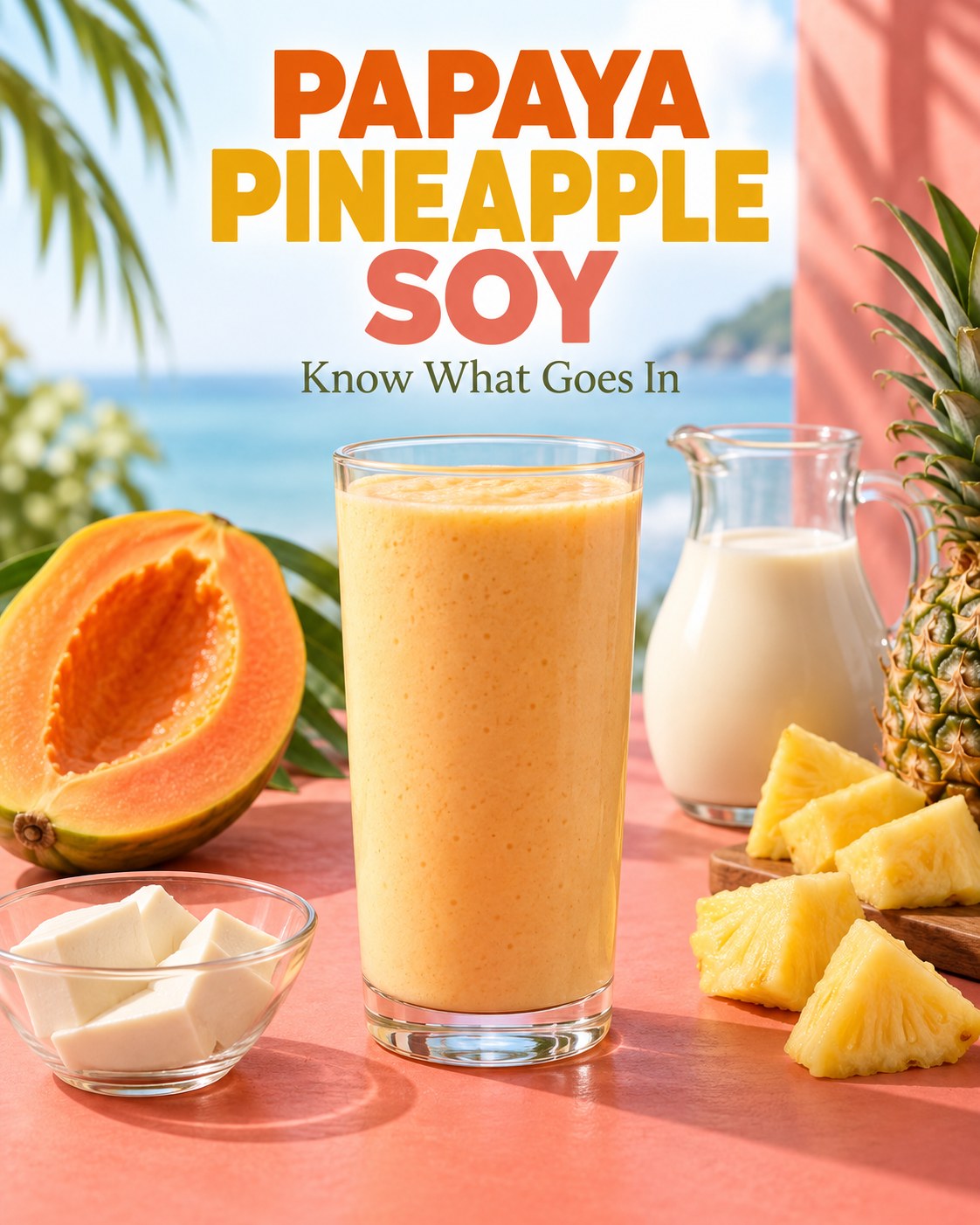 Pale orange papaya pineapple smoothie beside papaya and pineapple pieces, with Papaya Pineapple Soy and Know What Goes In text.