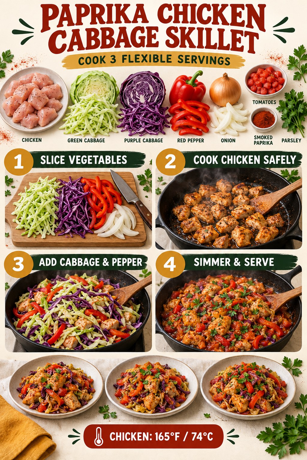 Paprika chicken skillet with cabbage, bell peppers, tomatoes, garlic, and parsley.