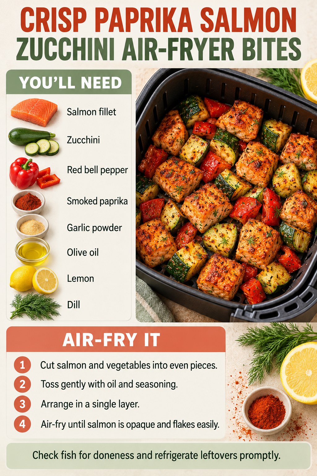Air-fryer basket with paprika salmon bites, zucchini, red bell pepper, lemon, and dill.