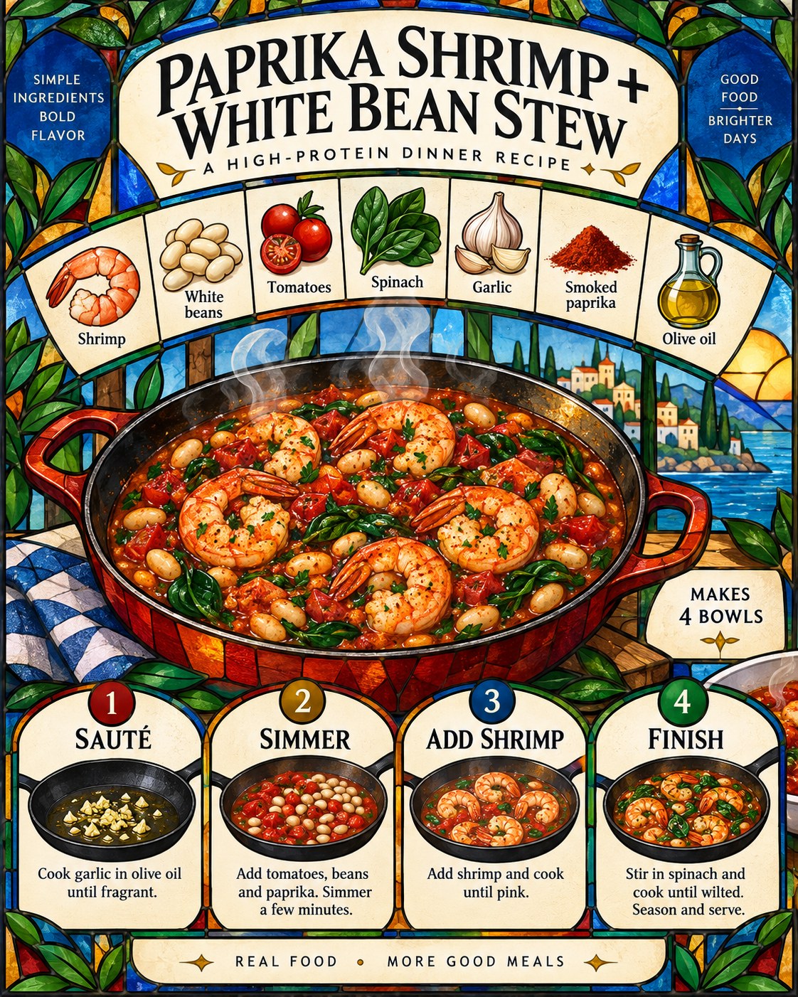Ruby, amber, cobalt, emerald, cream, and charcoal stained-glass infographic for paprika shrimp and white bean stew.