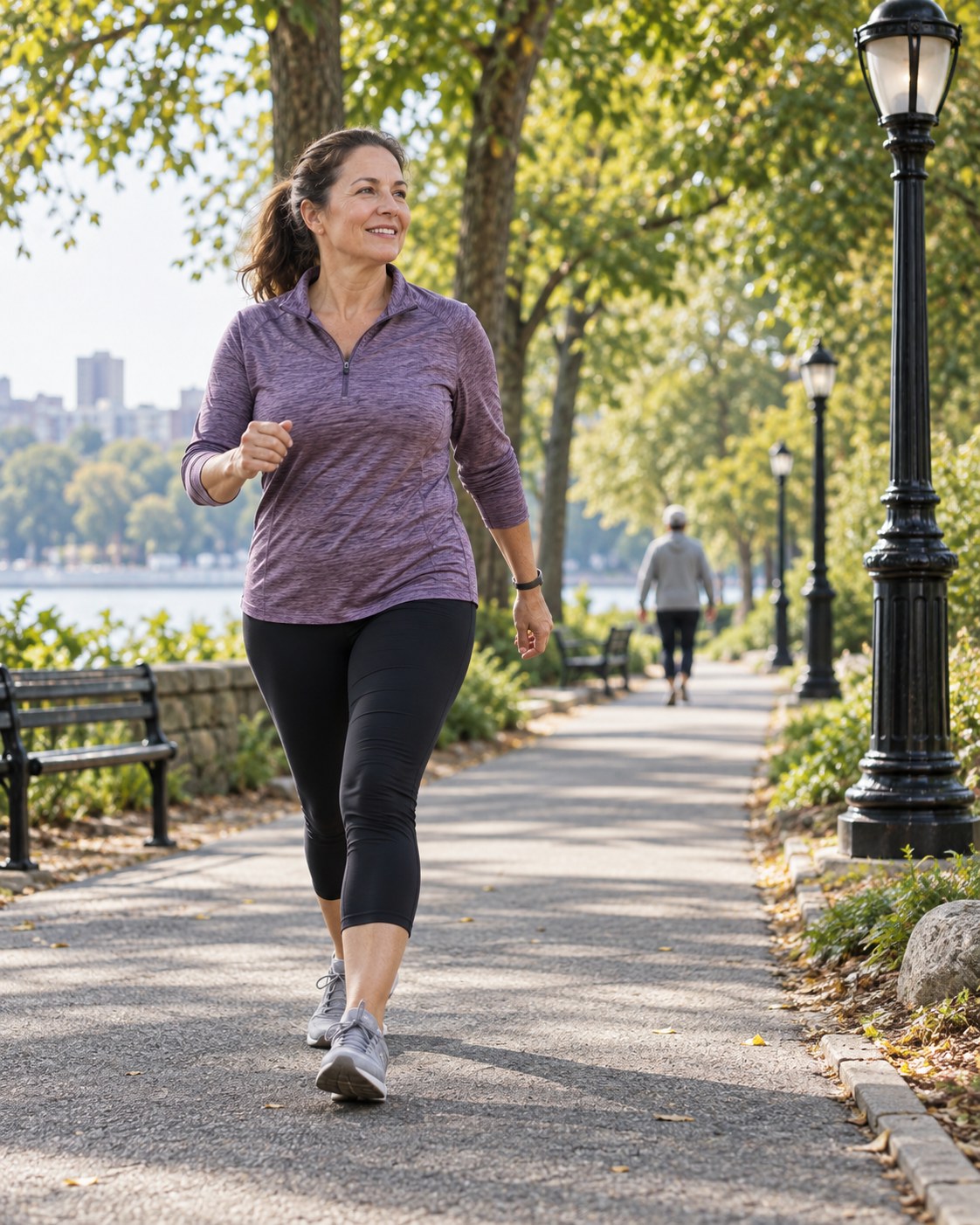 Adult walking briskly on a park path between lamp posts and benches during a gentle interval session