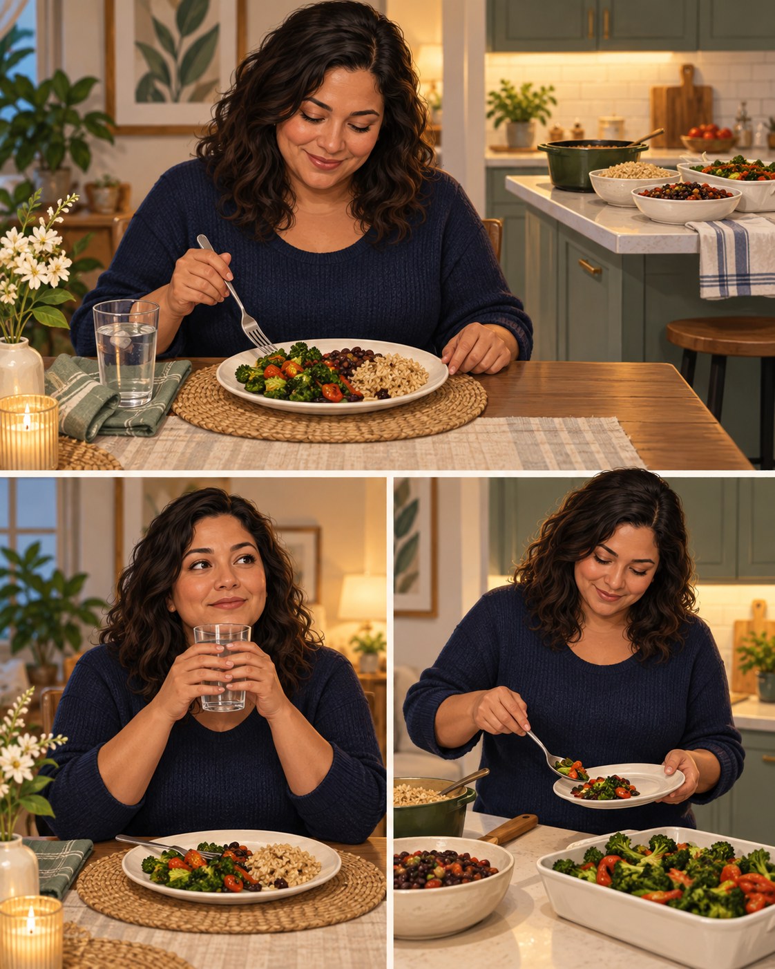 Three-step scene of a woman eating a balanced plate, pausing with water, and choosing a small second serving