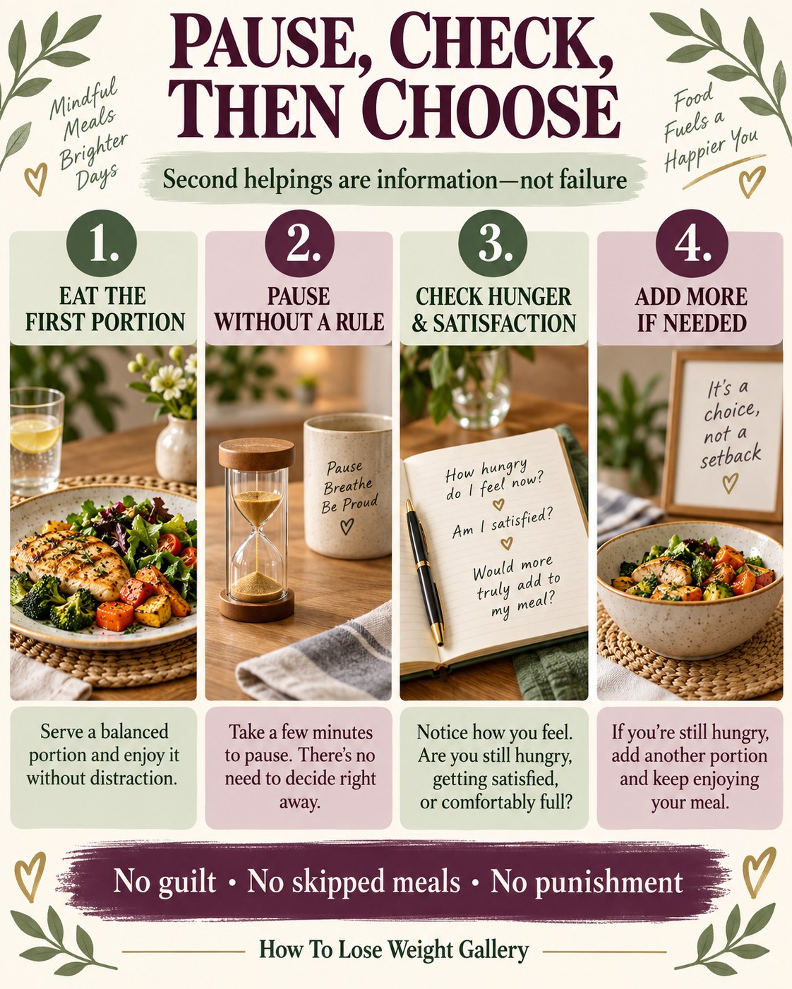 Portion-control infographic showing a first plate, optional pause, hunger and satisfaction check, and second helping if needed