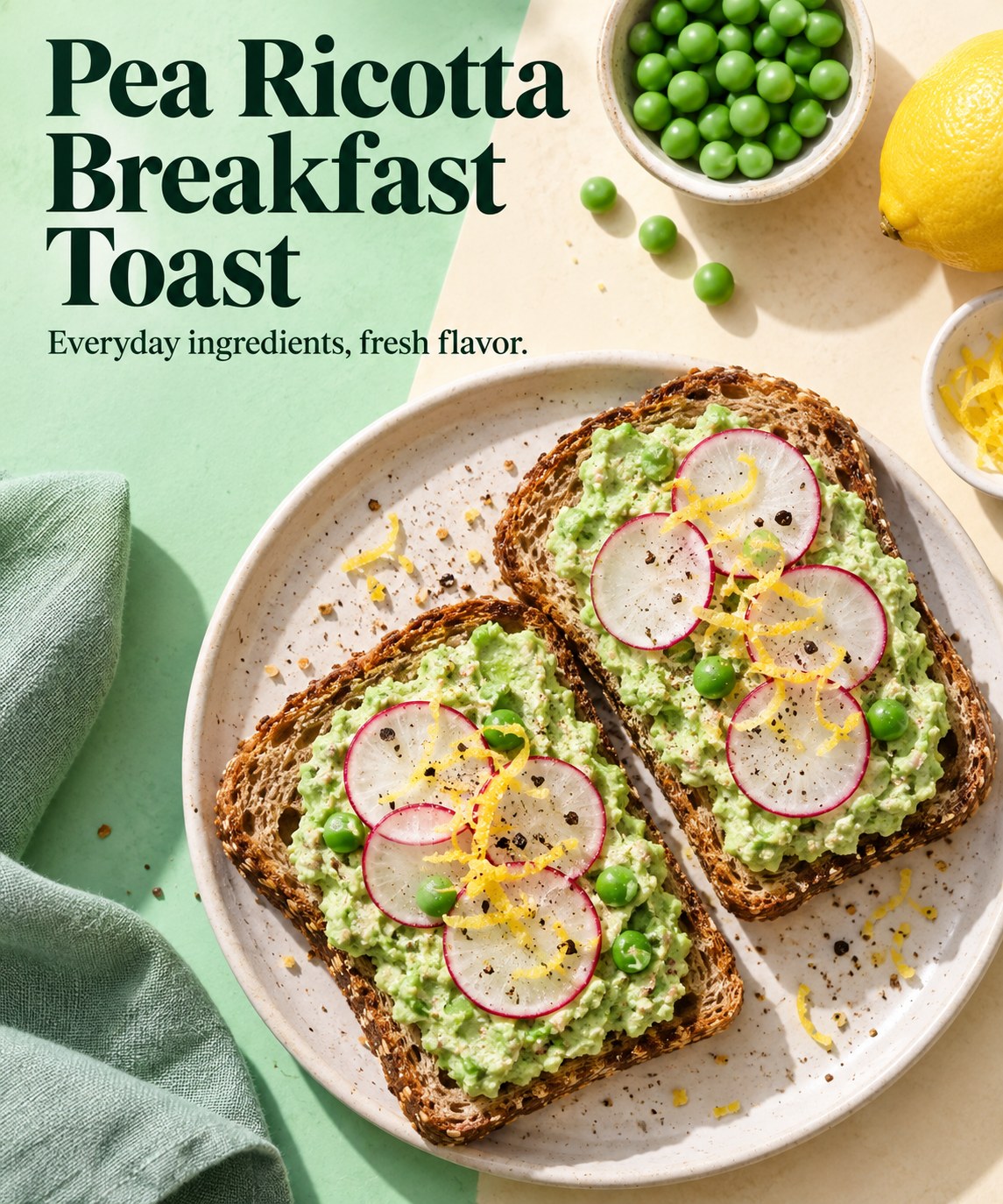 Wholegrain toast with pale green pea ricotta spread, thin radish slices, and lemon zest.