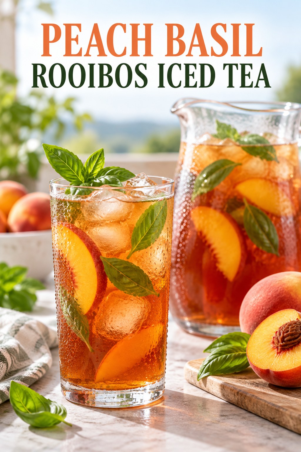 Portrait drink scene with peach, fresh basil, ice, and a chilled glass of rooibos iced tea.