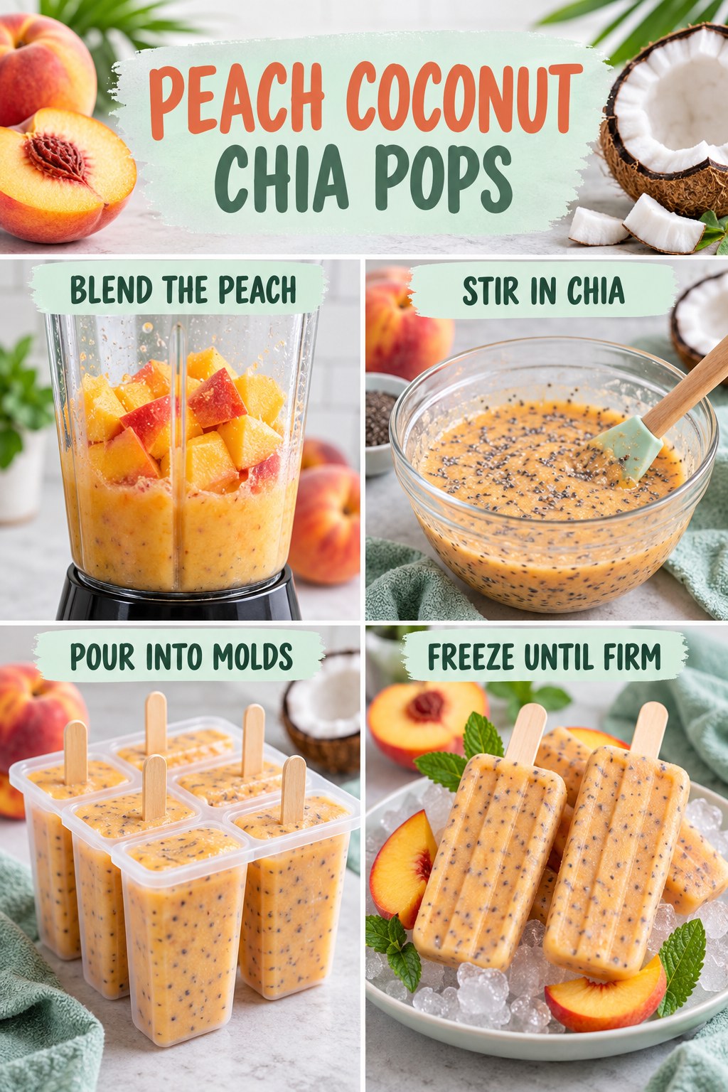 Peach coconut chia pop infographic showing blended peach, chia seeds, filled molds, and frozen peach pops.