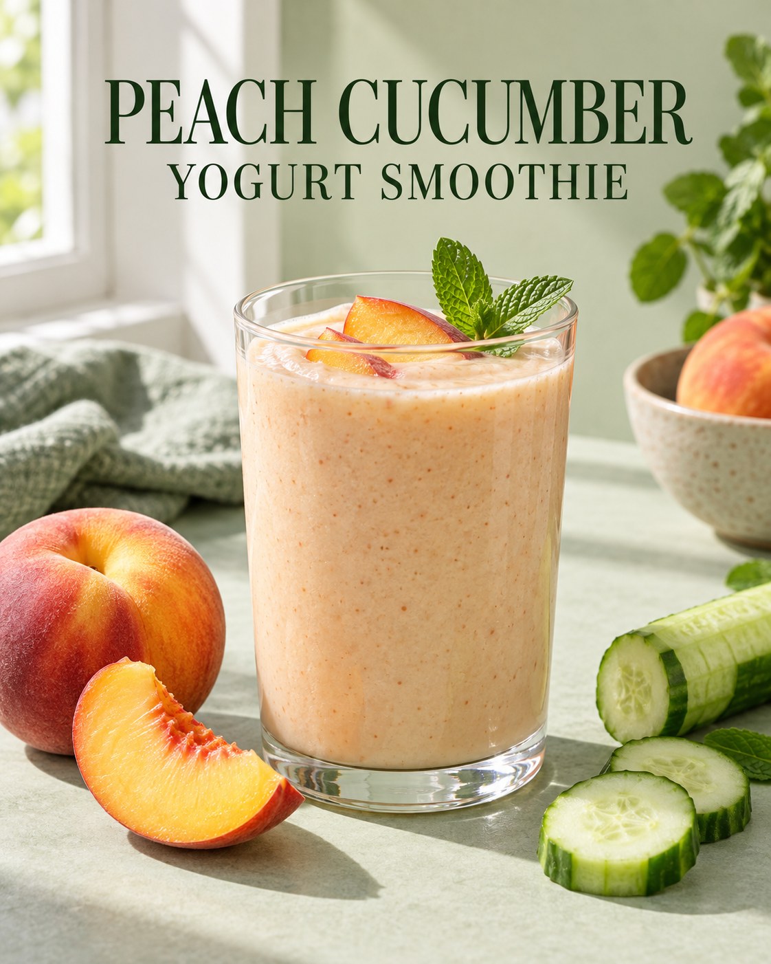 Pale peach cucumber smoothie beside sliced peach and cucumber on a light sage table with a readable title.