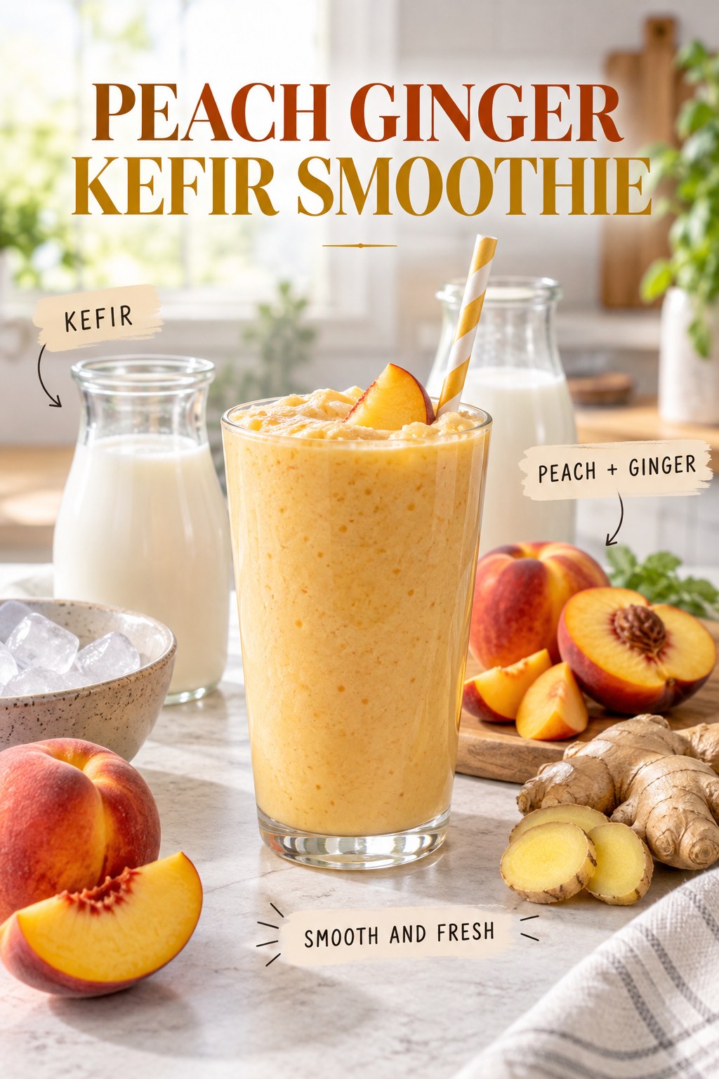 Peach ginger kefir smoothie with milk and ice