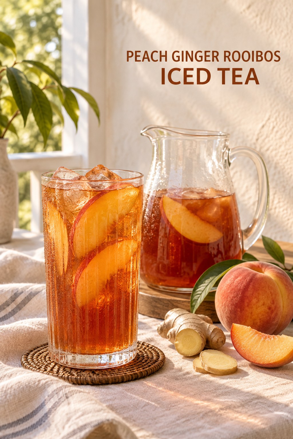 Ribbed glass and pitcher of amber rooibos iced tea with fresh peach slices, ginger, ice, and condensation.