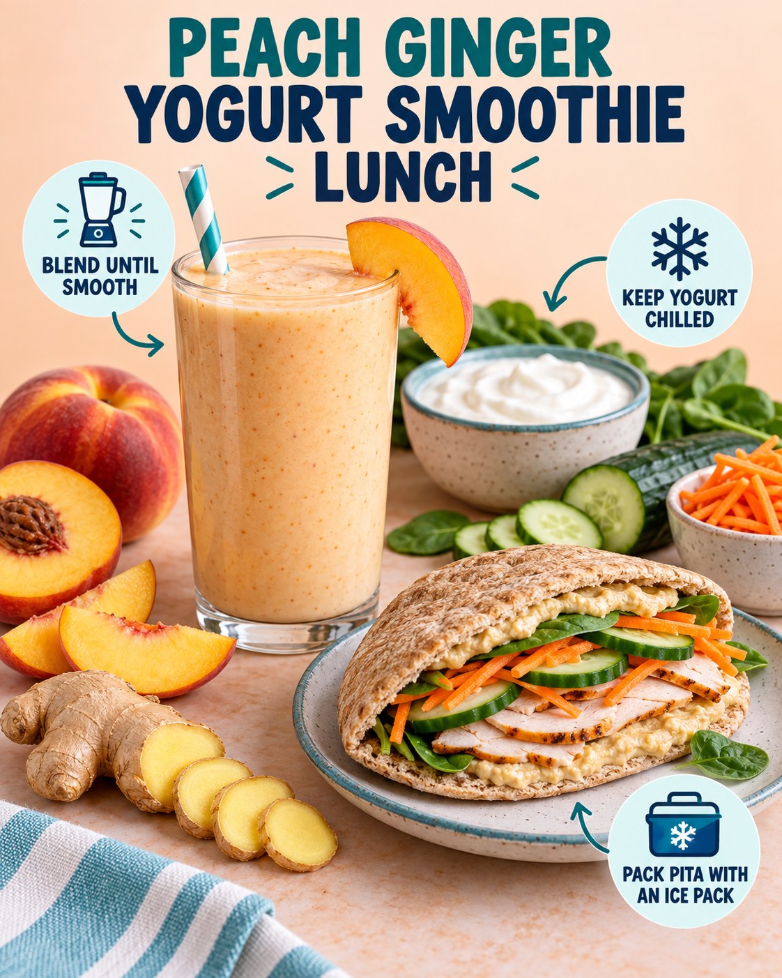 Peach ginger Greek yogurt smoothie beside a whole-grain turkey hummus vegetable pita with chilling reminders