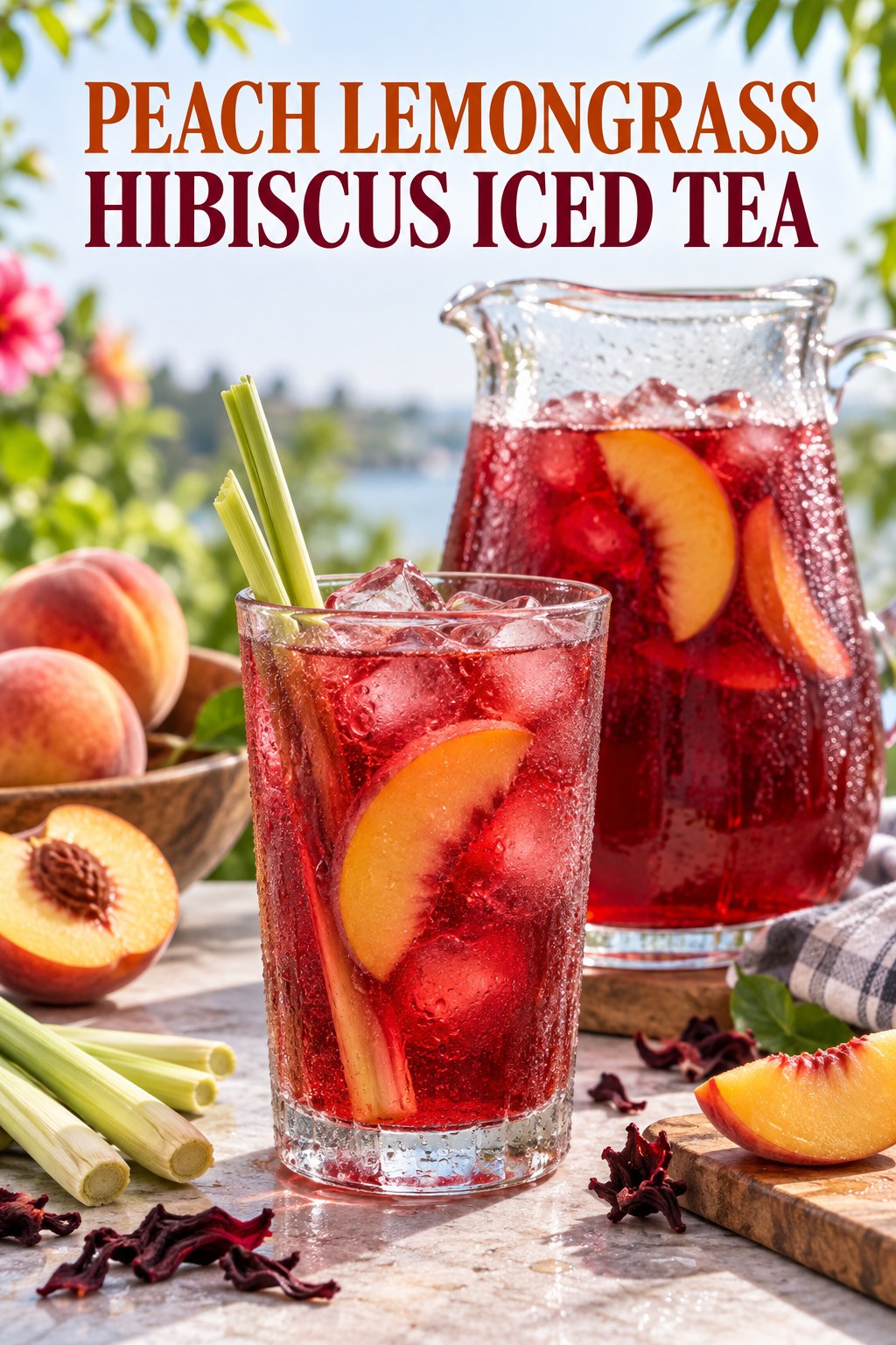 Portrait drink scene with peach, fresh lemongrass, ice, and a chilled glass of hibiscus iced tea.