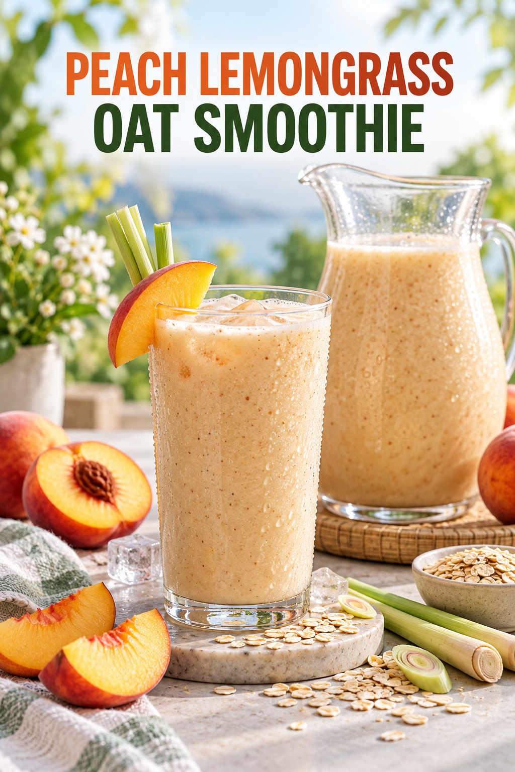 Portrait drink scene with peach, fresh lemongrass, ice, and a chilled glass of oat smoothie.