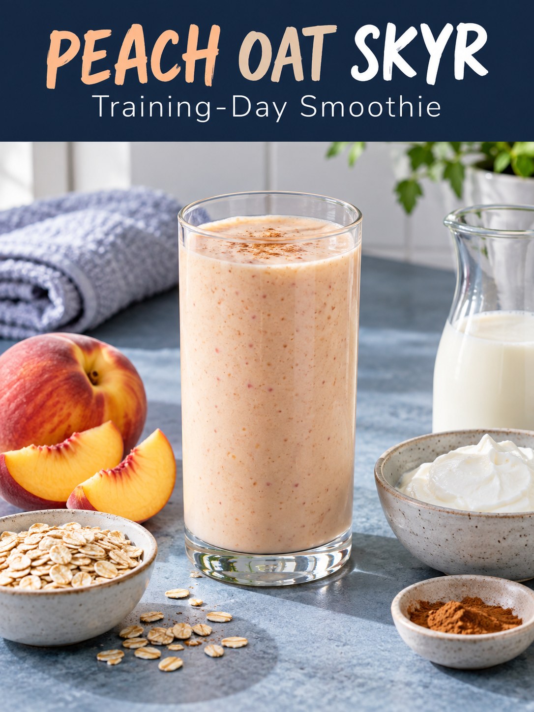 Pale peach smoothie beside sliced peach, oats, and skyr on a blue kitchen counter, with Peach Oat Skyr and Training-Day Smoothie text.