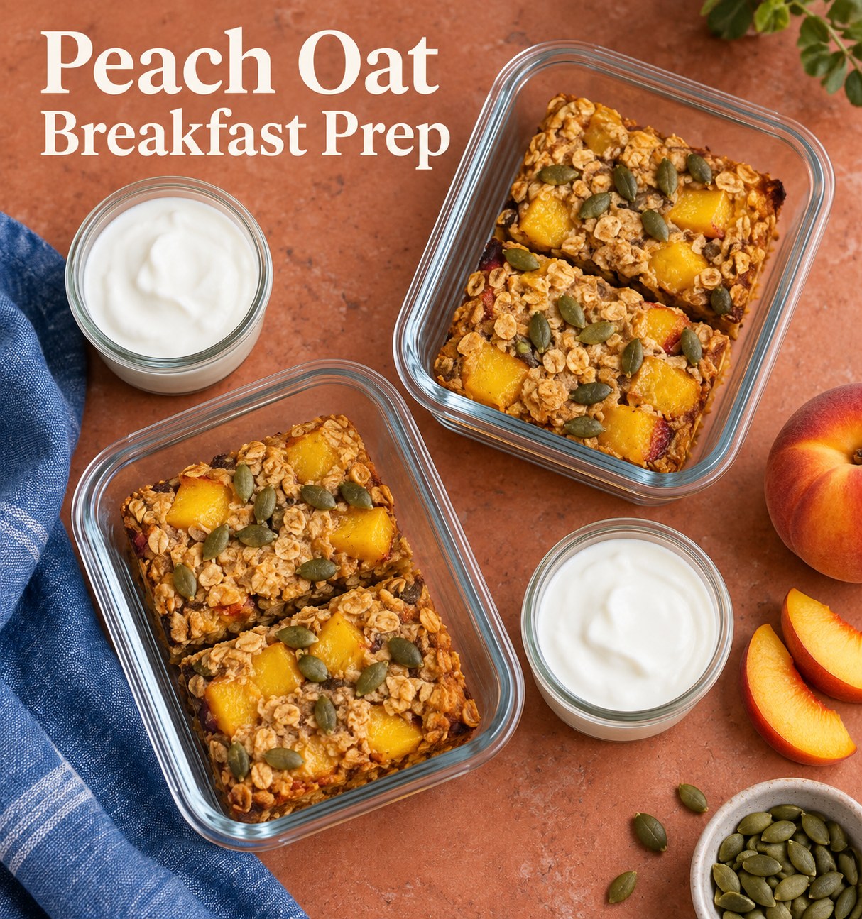 Peach pumpkin seed baked oat portions in containers beneath the words Peach Oat Breakfast Prep.
