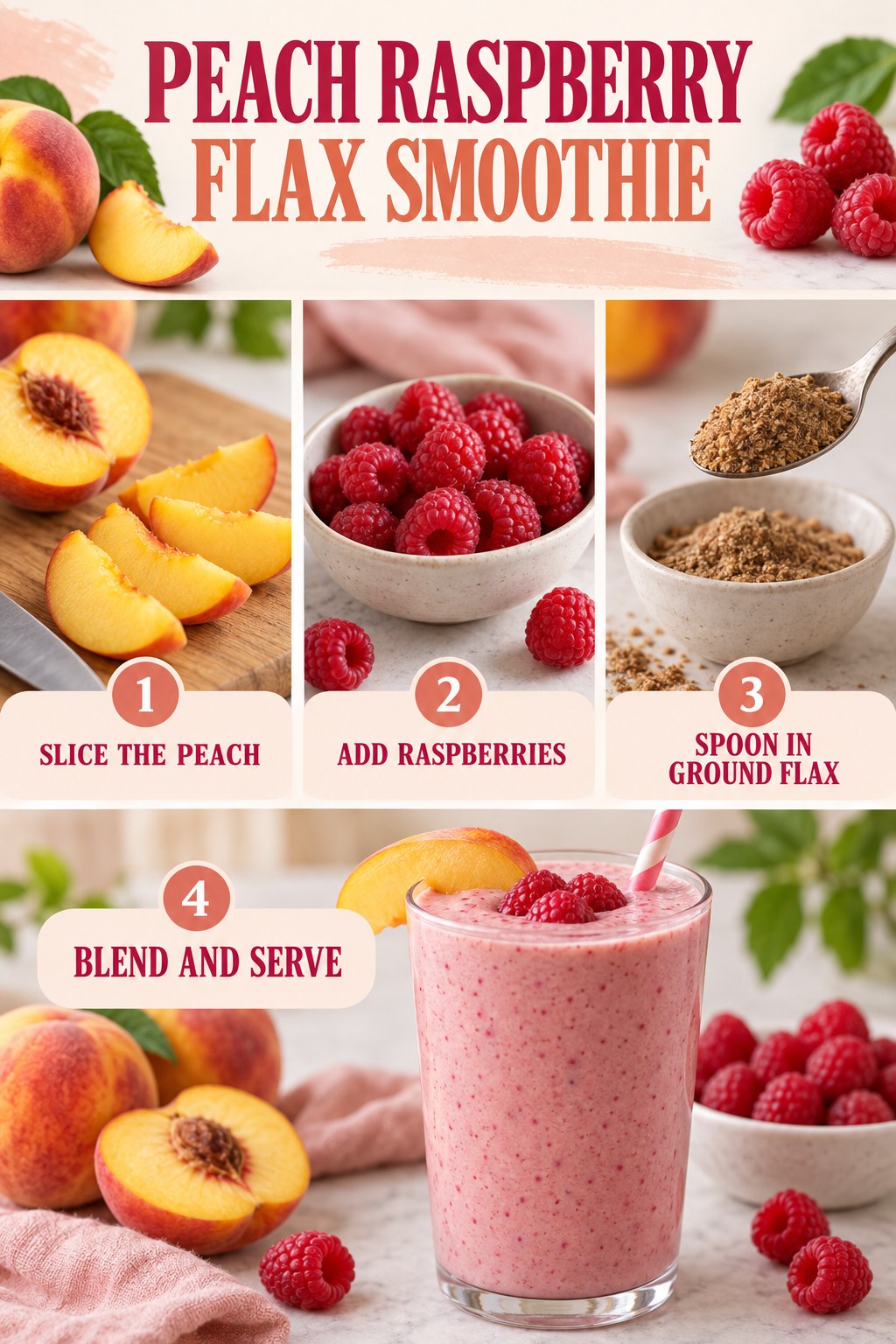 Peach raspberry flax smoothie infographic showing sliced peach, raspberries, ground flax, blending, and the finished pink drink.