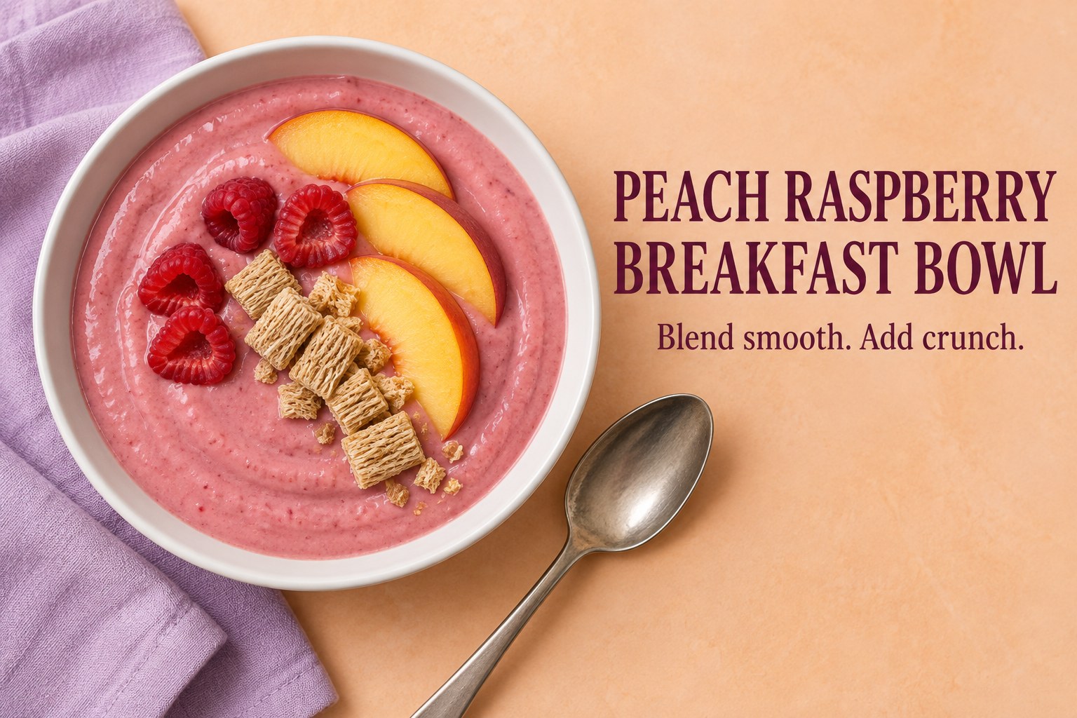 A peach pink smoothie bowl with raspberries, peach slices, and a small shredded wheat topping beneath the words Peach Raspberry Breakfast Bowl.