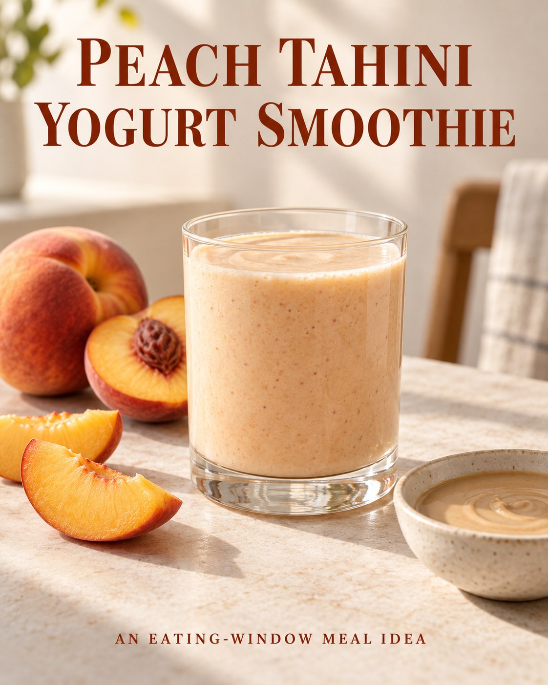 Pale peach smoothie in a glass beside sliced peaches and a small dish of tahini, with Peach Tahini Yogurt Smoothie text.