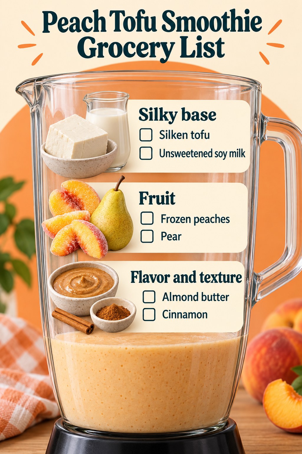 Cream blender-pitcher grocery graphic listing silken tofu, soy milk, frozen peaches, pear, almond butter and cinnamon.