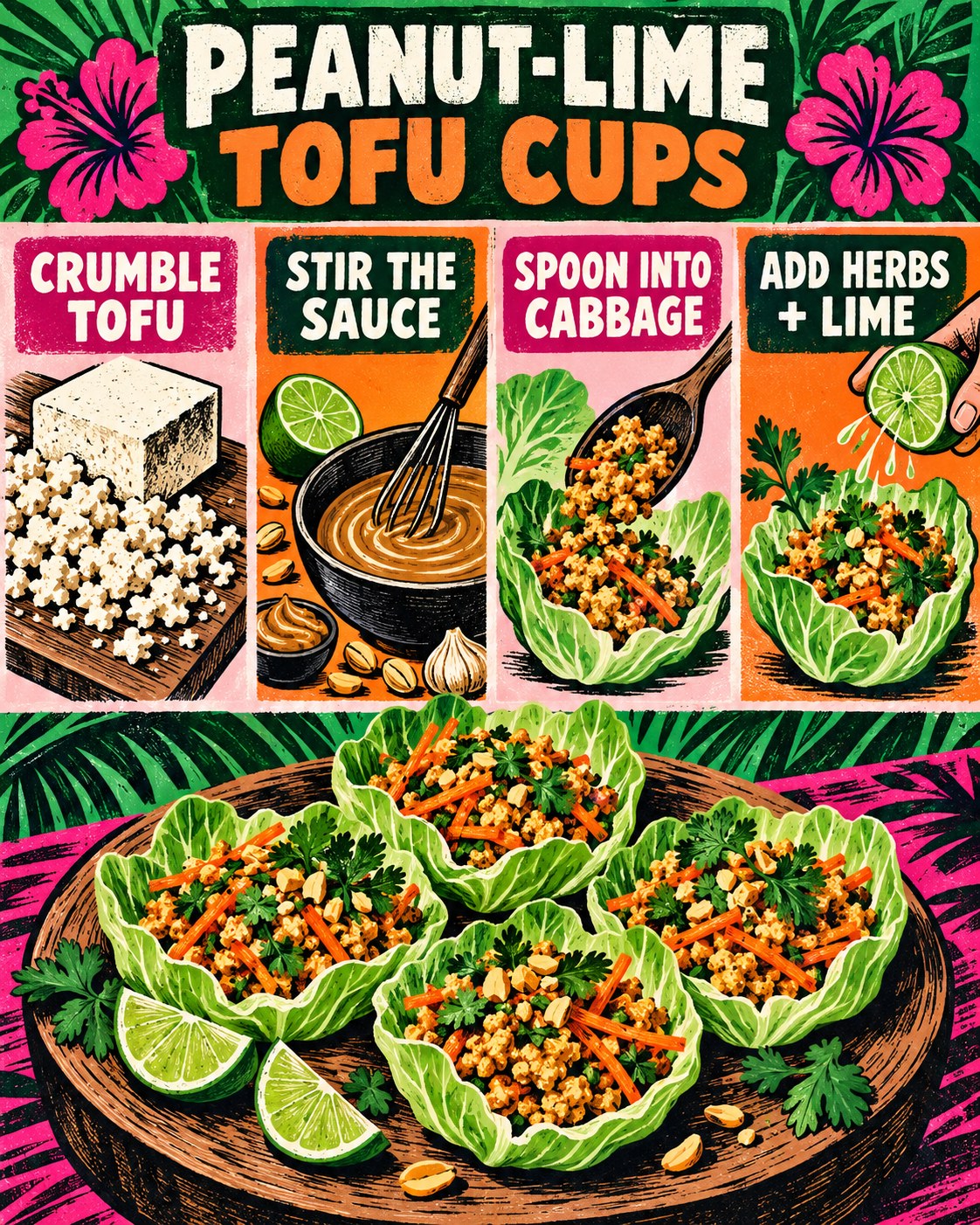 Emerald, pink, orange, and black woodblock recipe infographic for peanut-lime tofu cabbage cups.