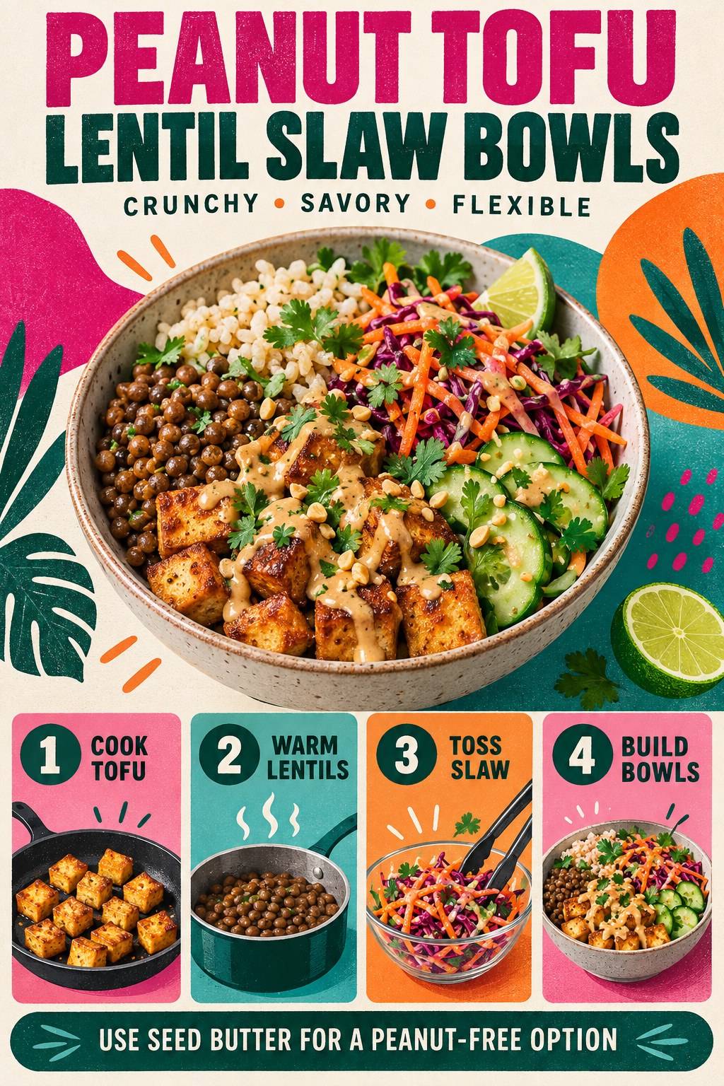 Portrait recipe infographic showing tofu, lentils, cabbage carrot slaw, cucumber, rice, herbs, and peanut-lime sauce in a colorful bowl.