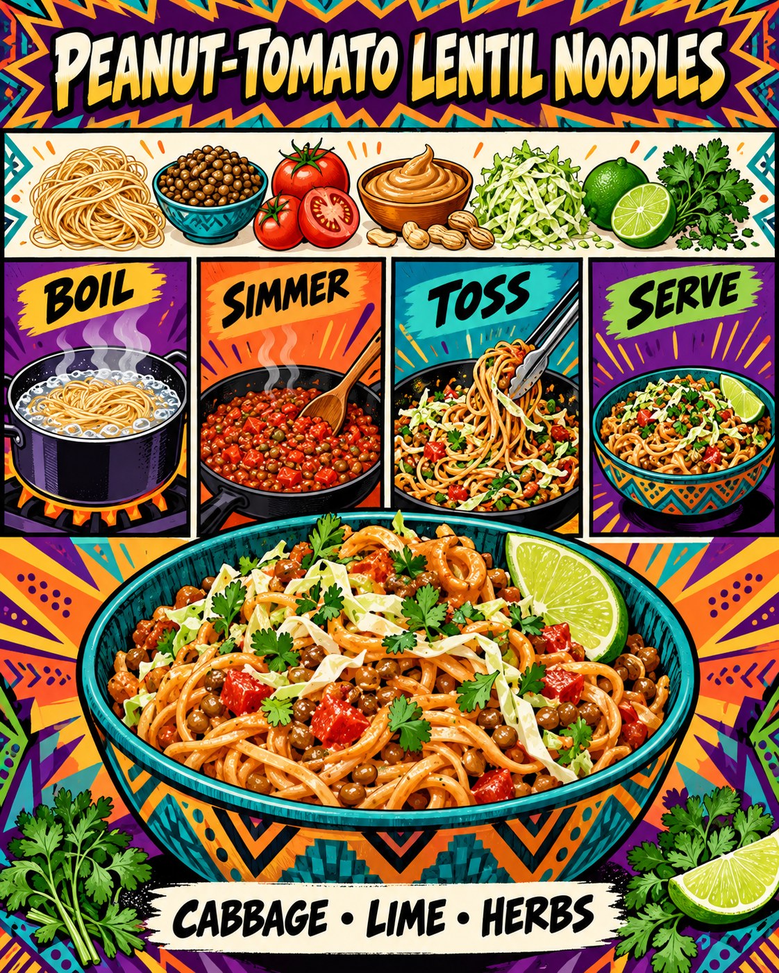 Purple, mango orange, turquoise, green, cream, and black comic infographic for peanut-tomato lentil noodles.
