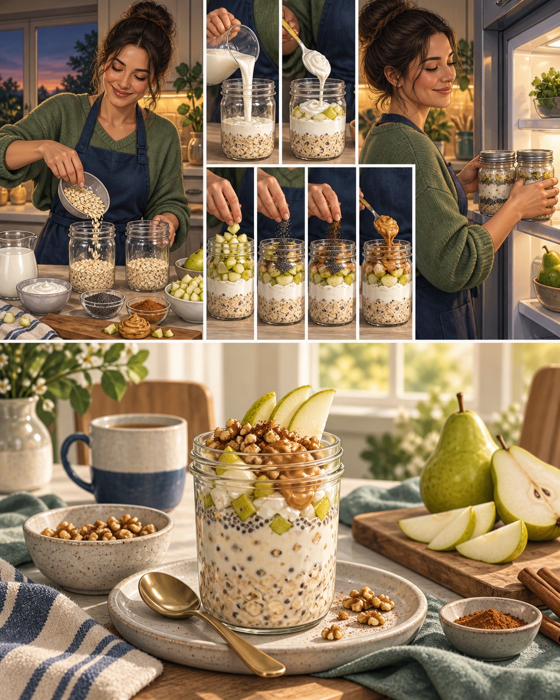 Woman layering oats, milk, yogurt, pear, chia, cinnamon, and peanut butter into two jars