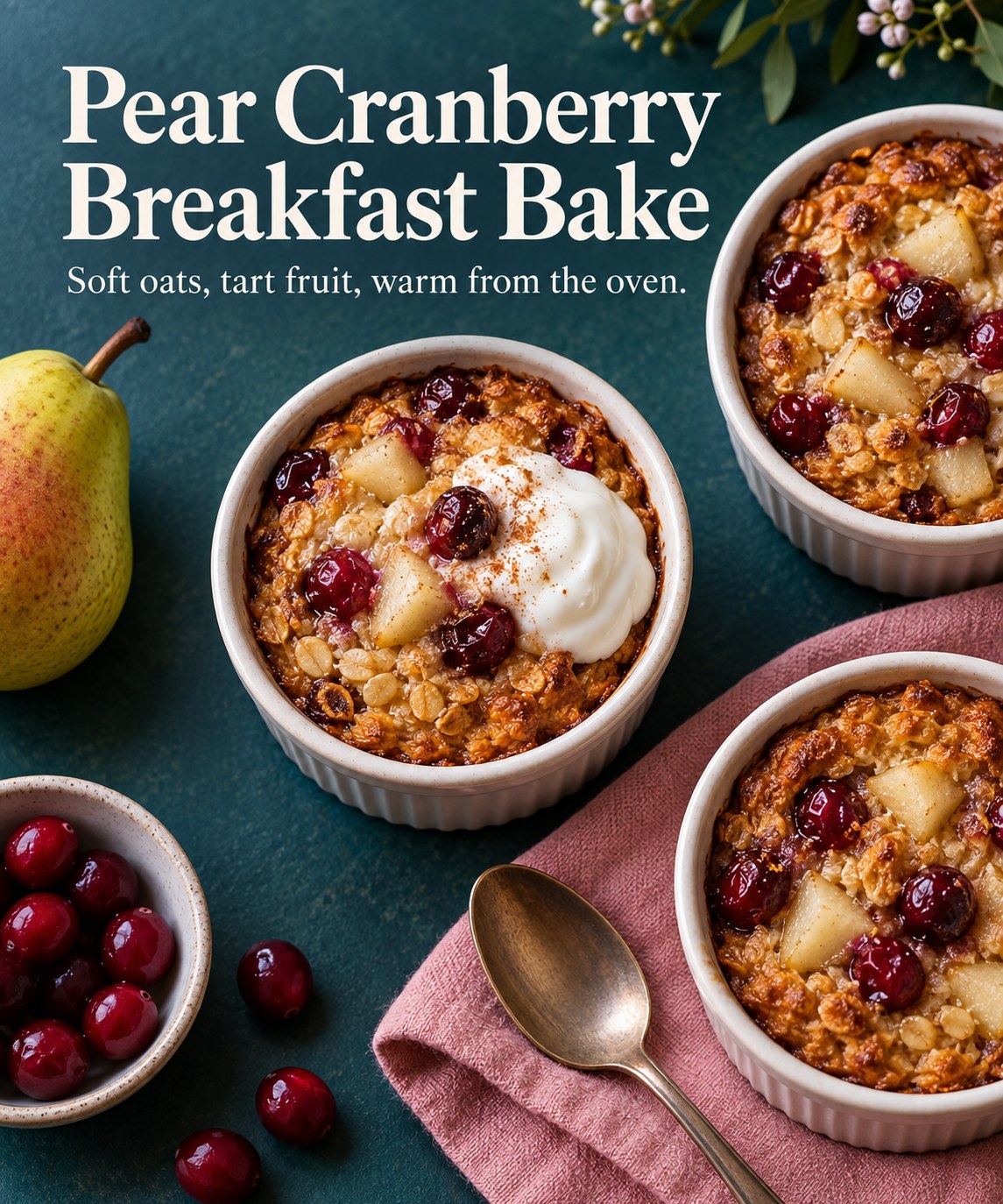 Individual golden oat bakes with pear and cranberries in ramekins, one topped with plain yogurt.