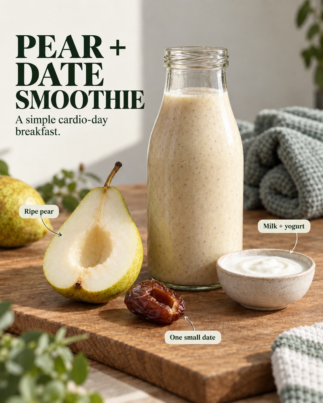 Pale pear date smoothie in a glass bottle beside pear pieces and a pitted date, with a cardio-day breakfast headline.