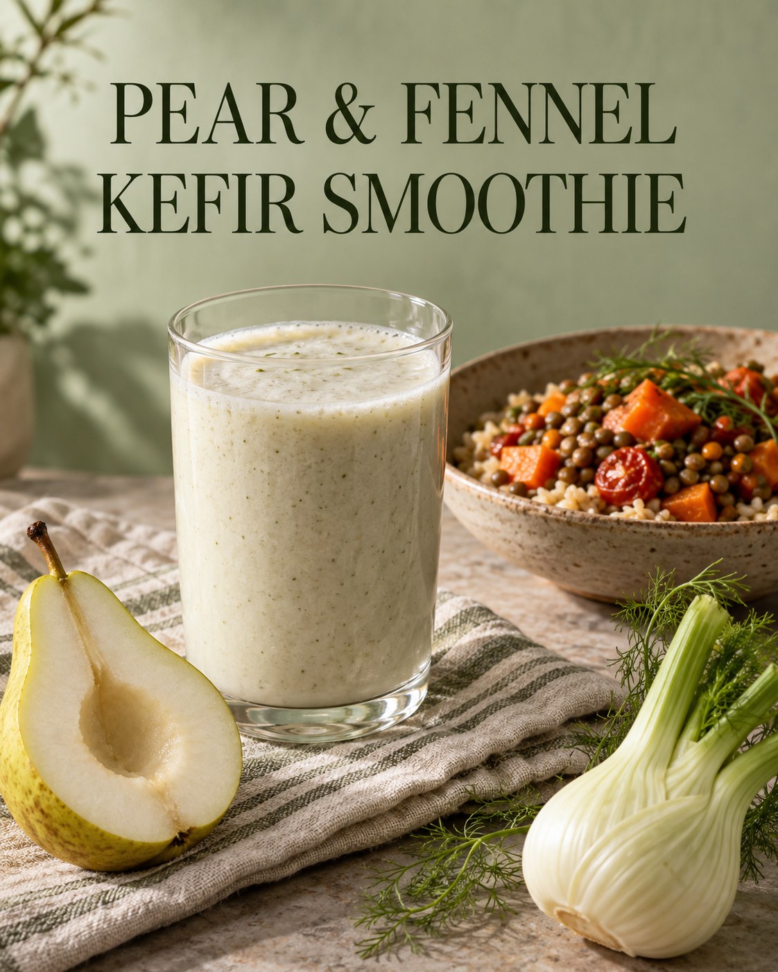 Pale pear fennel kefir smoothie with sliced pear and fennel on a linen table beside a warm lentil dinner bowl.