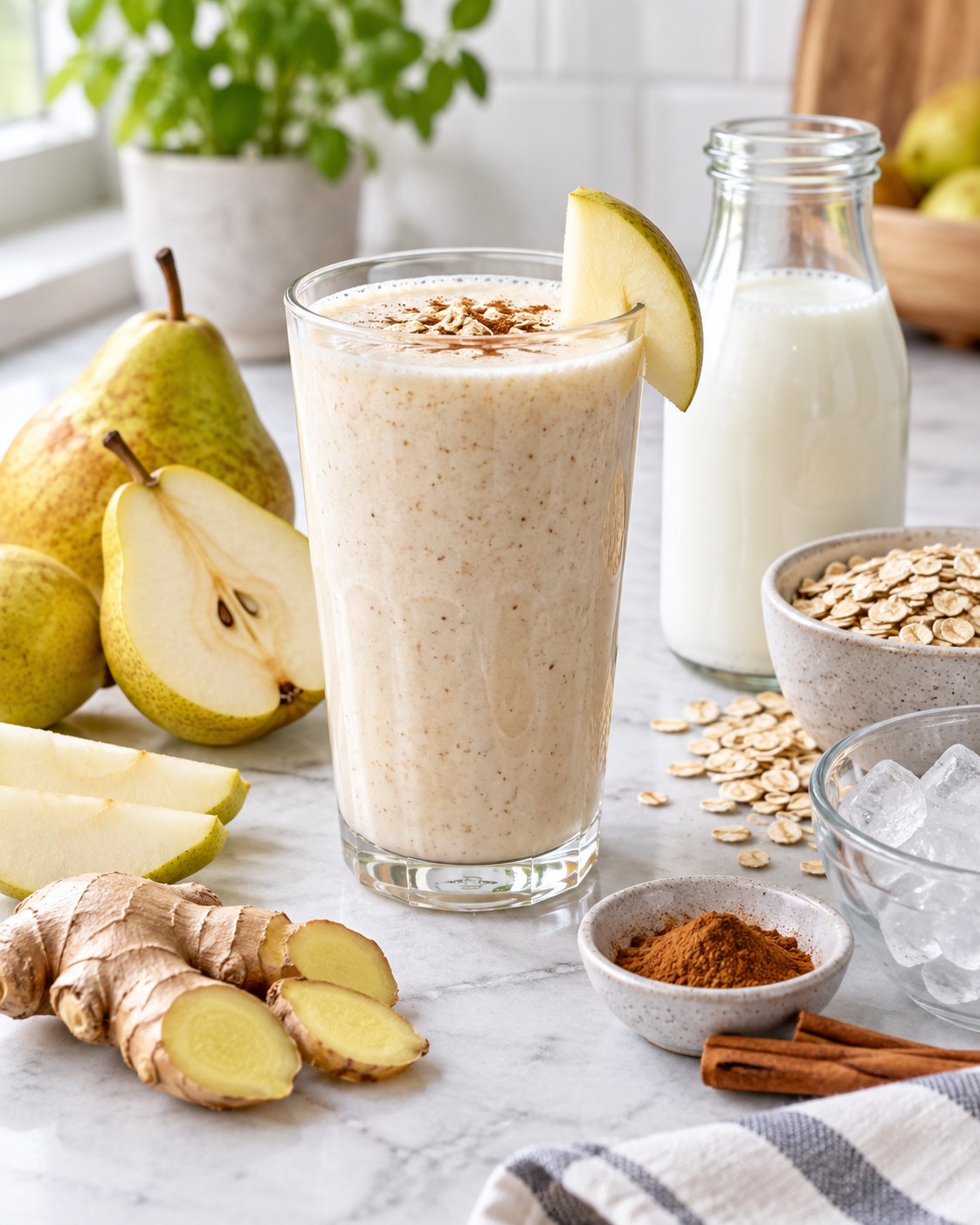 Pear ginger kefir smoothie with fresh pears, rolled oats, cinnamon, ginger, milk, and ice on a bright counter