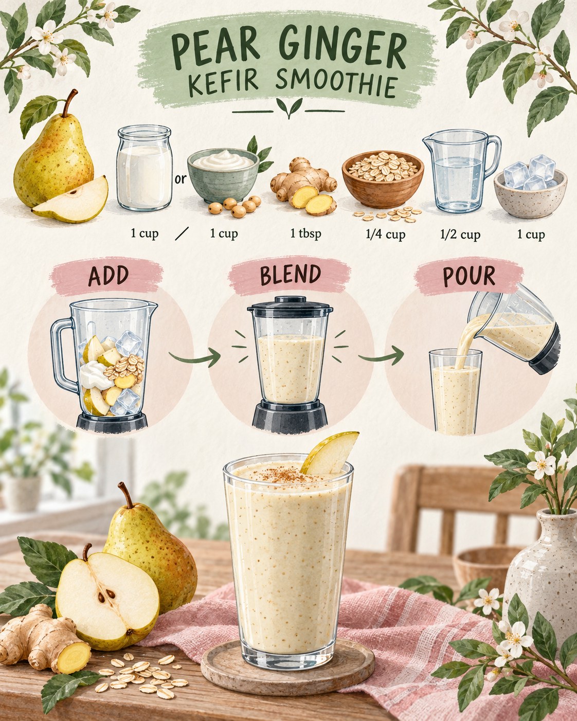 Sage, rose, and cream infographic showing pear, kefir or soy yogurt, ginger, oats, water, ice, and a finished smoothie.