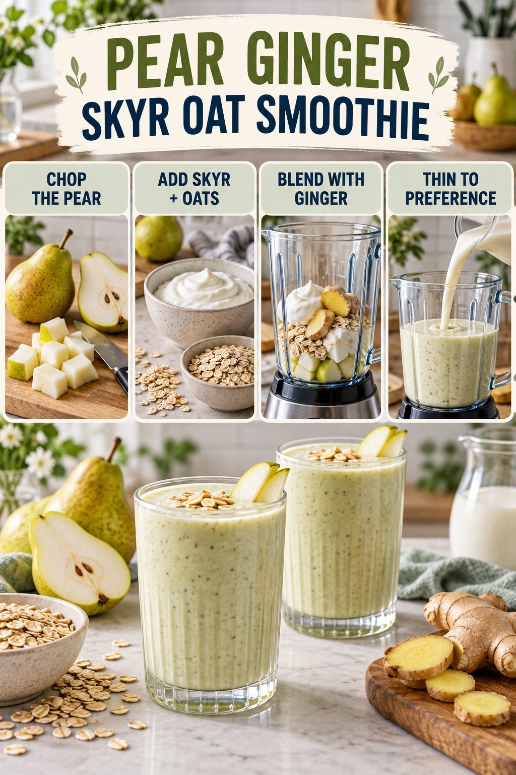 Pear ginger skyr oat smoothie infographic showing chopped pear, skyr and oats, fresh ginger, milk, blending, and two pale green glasses.
