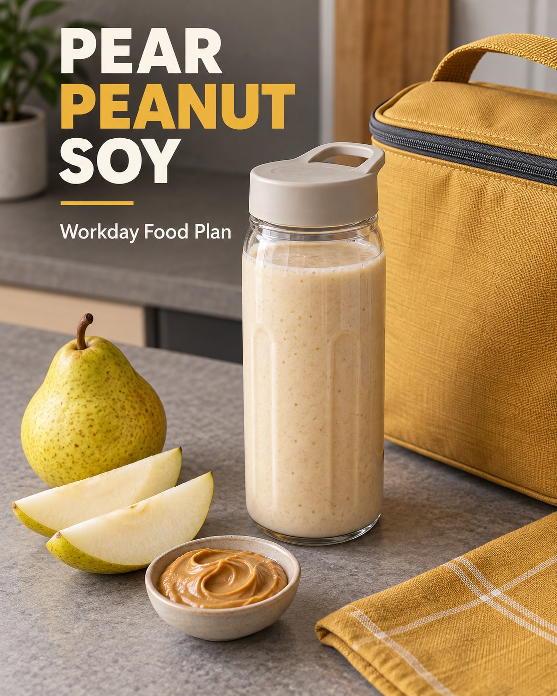 Cream-colored pear peanut smoothie in a lidded bottle beside pear and peanut butter, with Pear Peanut Soy and Workday Food Plan text.