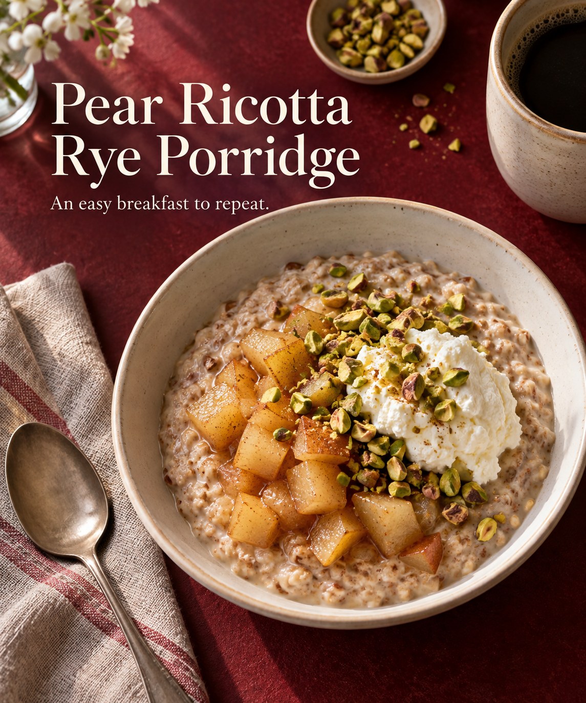 Rye porridge topped with soft diced pear, ricotta, and chopped pistachios in a pale bowl.