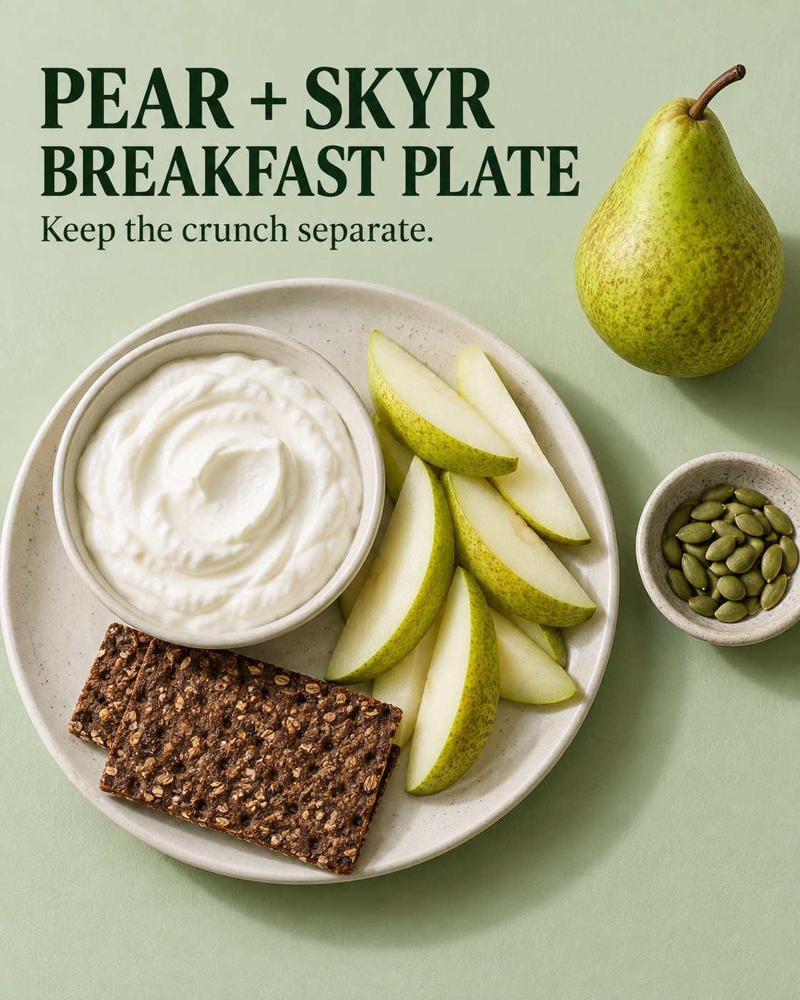 Plain skyr, sliced pear, rye crispbread, and a small dish of pumpkin seeds on a white plate under the words Pear Skyr Breakfast Plate.