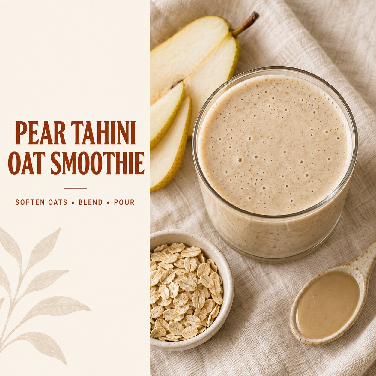 Creamy pear tahini oat smoothie in a clear glass beside sliced pear, oats, and tahini, with readable recipe text on a warm cream panel.