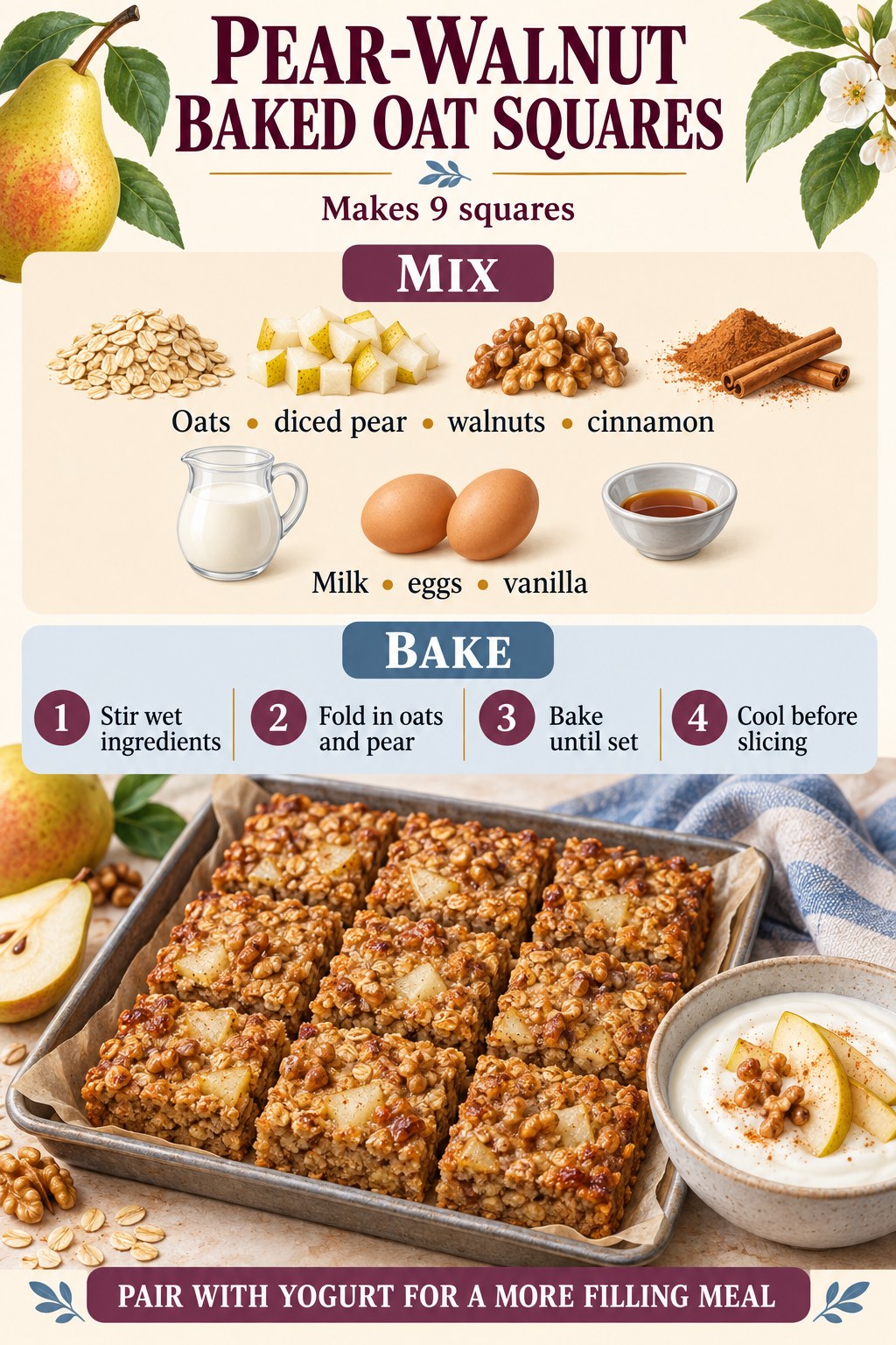 Pear-walnut baked oat squares recipe infographic with four steps