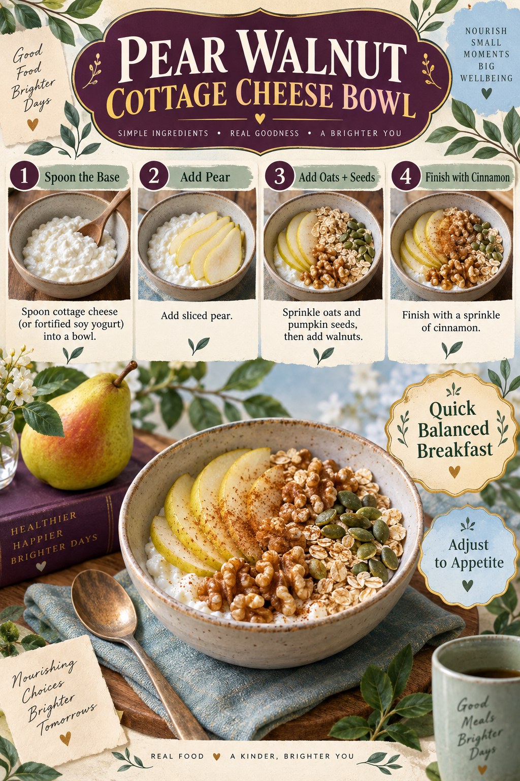 Portrait recipe infographic showing cottage cheese or soy yogurt, sliced pear, walnuts, oats, pumpkin seeds, cinnamon, and four steps.