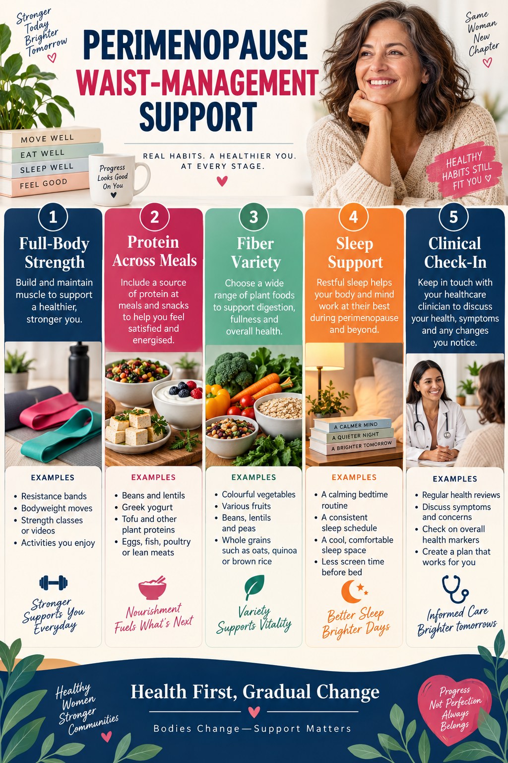 Portrait infographic showing full-body strength, protein foods, fiber variety, sleep support, and a clinical check-in for perimenopause.