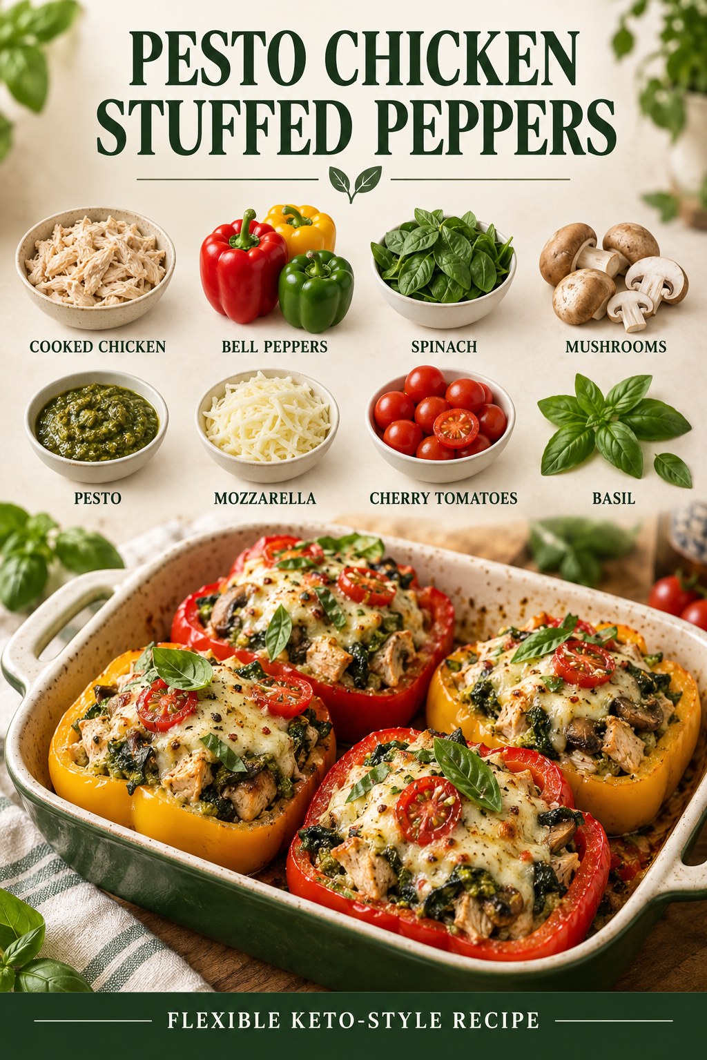 Pesto chicken stuffed bell peppers with spinach, mushrooms, tomatoes, mozzarella, and basil