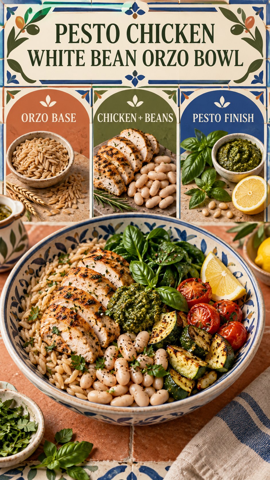 Bowl with cooked chicken, white beans, whole-grain orzo, roasted zucchini, tomatoes, spinach, pesto, lemon, and herbs