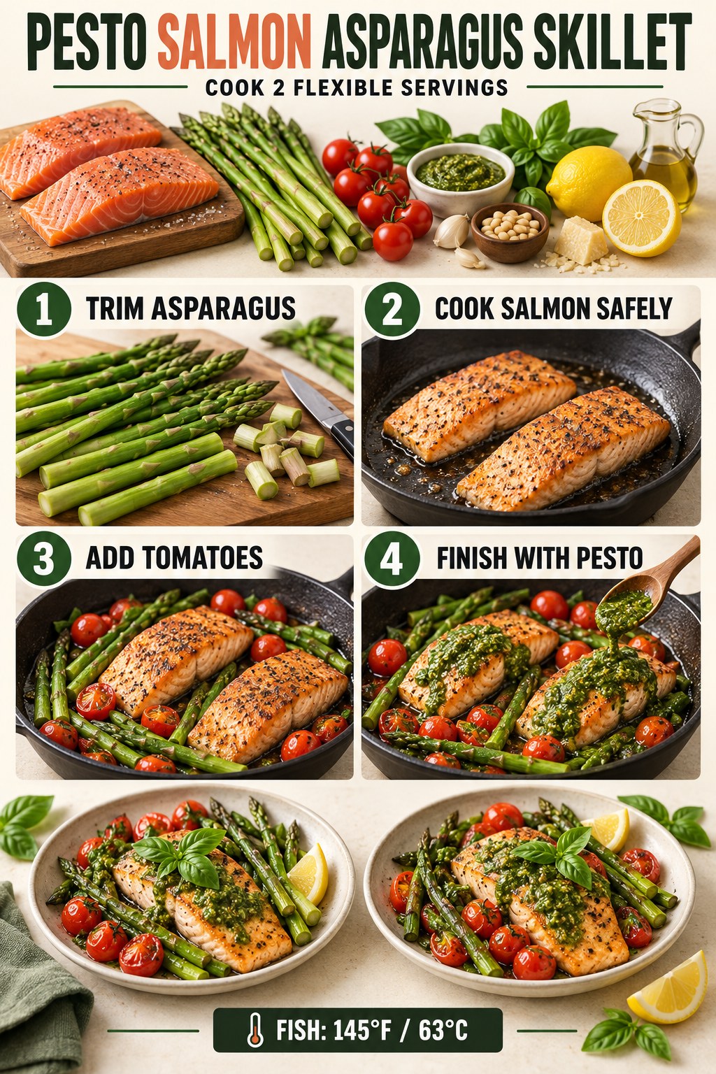Salmon fillets with asparagus, tomatoes, pesto, lemon, and herbs in a skillet.